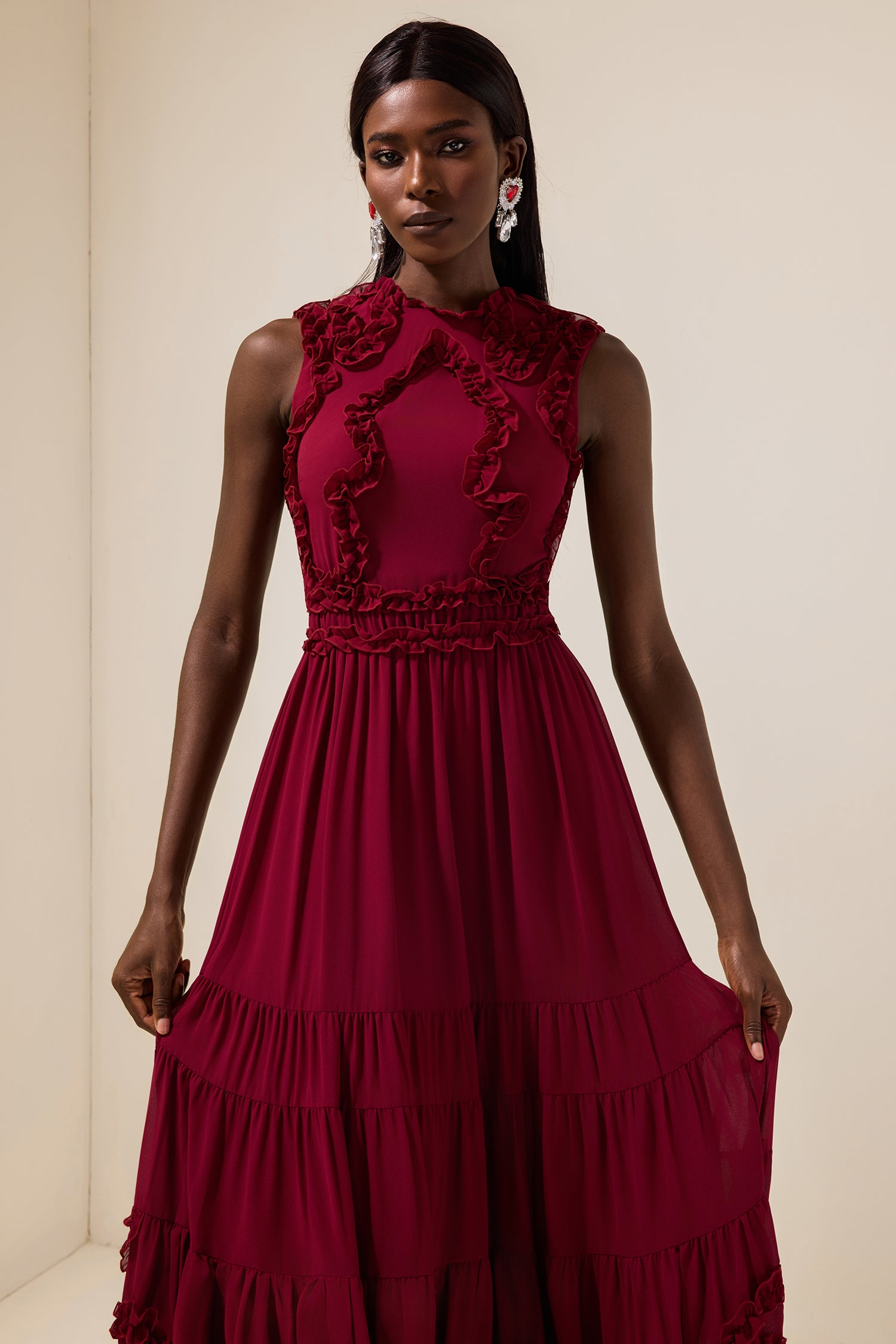 Chiffon Frill Sleeveless Midi Dress
