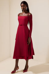 Solid Jersey Square Collar Slit Midi Dress With Belt