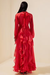 Solid Stand Collar Pleated Frill Maxi Dress With Belt