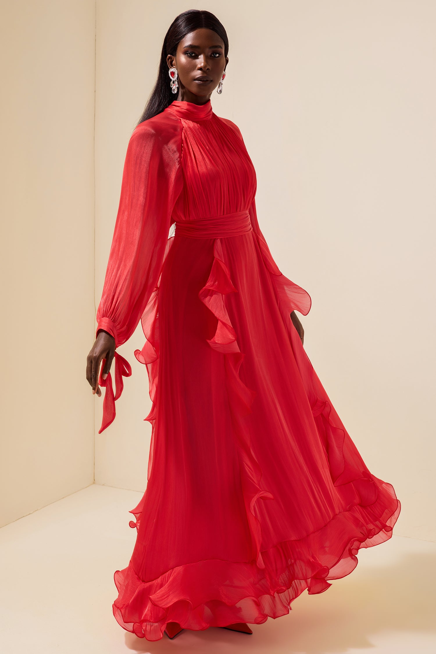 Solid Stand Collar Pleated Frill Maxi Dress With Belt