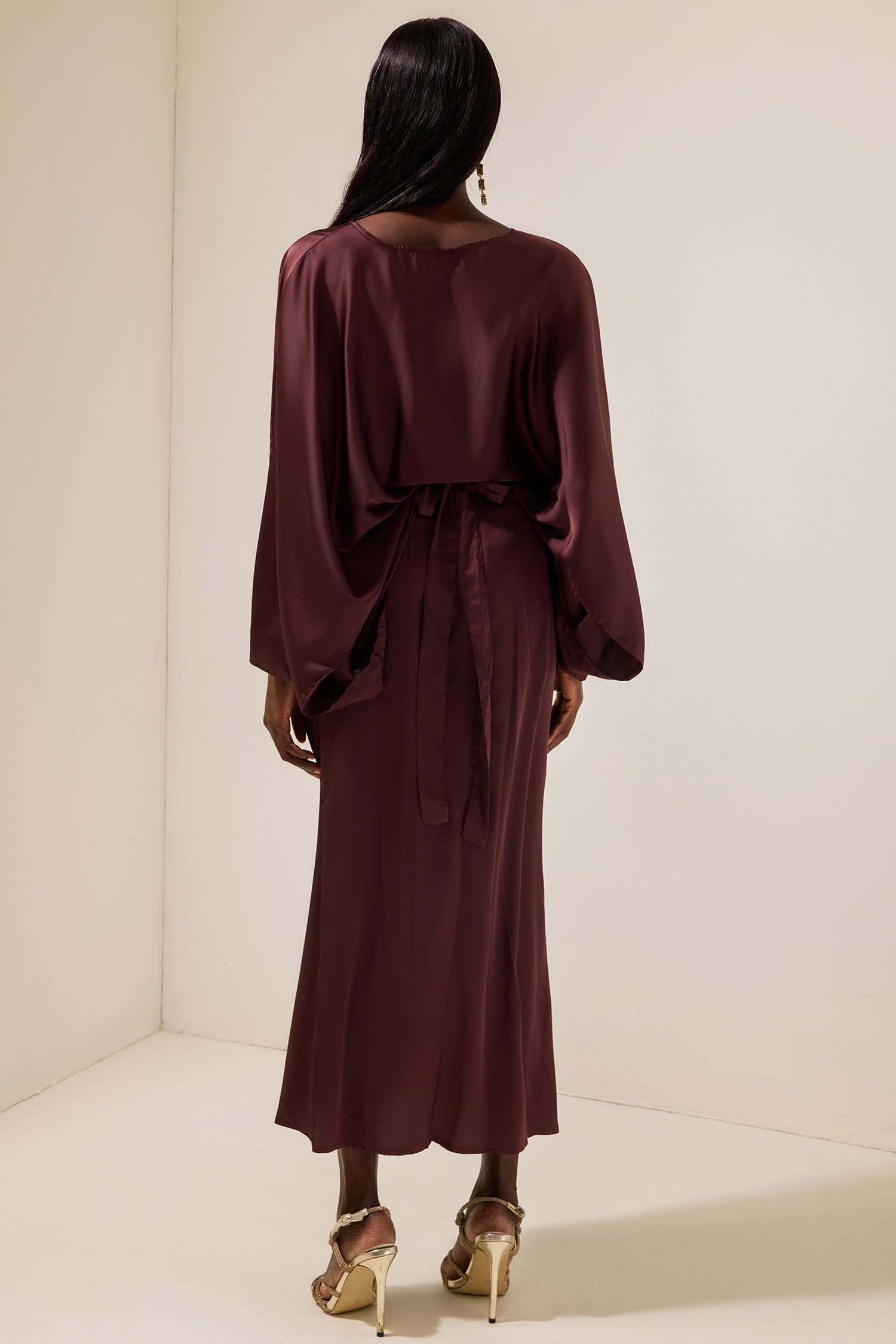 Satin Batwing Sleeve Top & Wrap Midi Skirt Set