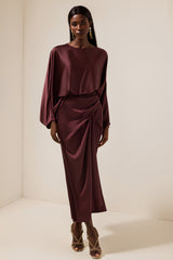 Satin Batwing Sleeve Top & Wrap Midi Skirt Set