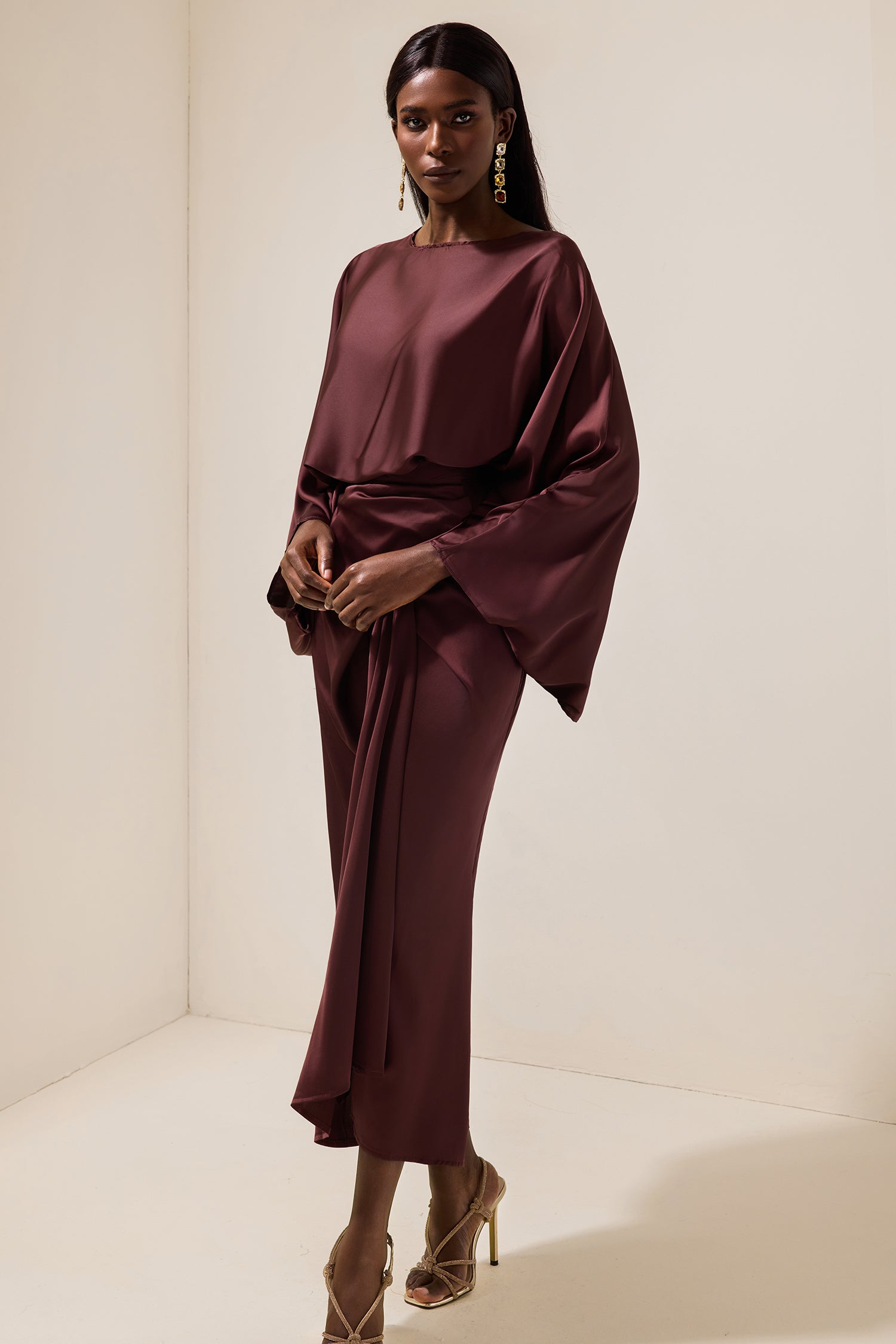 Satin Batwing Sleeve Top & Wrap Midi Skirt Set