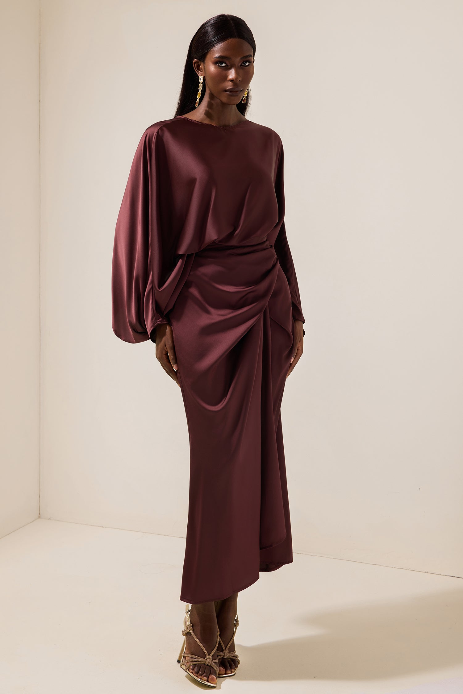 Satin Batwing Sleeve Top & Wrap Midi Skirt Set
