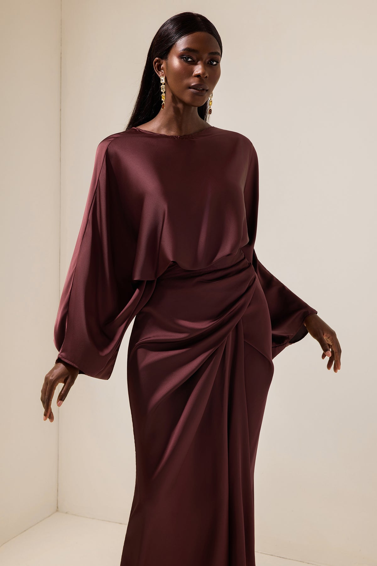 Satin Batwing Sleeve Top & Wrap Midi Skirt Set