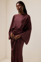 Satin Batwing Sleeve Top & Wrap Midi Skirt Set