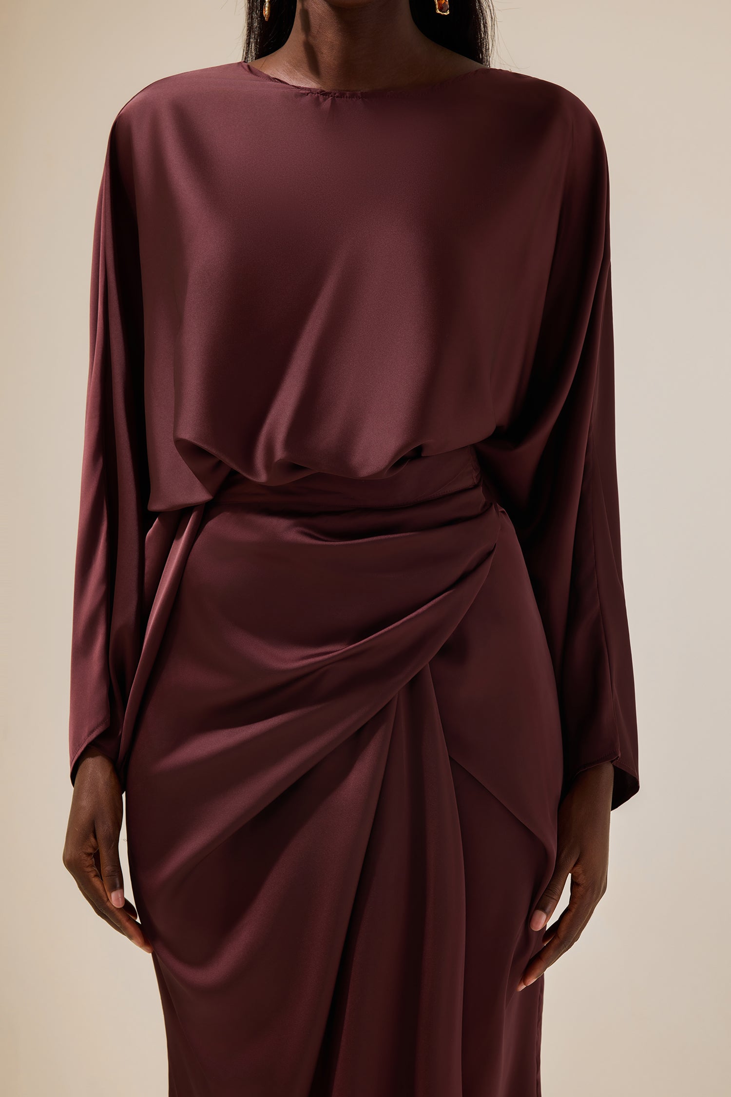 Satin Batwing Sleeve Top & Wrap Midi Skirt Set