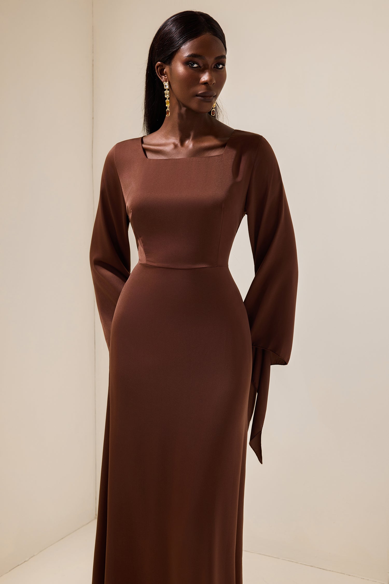 Satin Square Collar Tie-Up Slit Maxi Dress