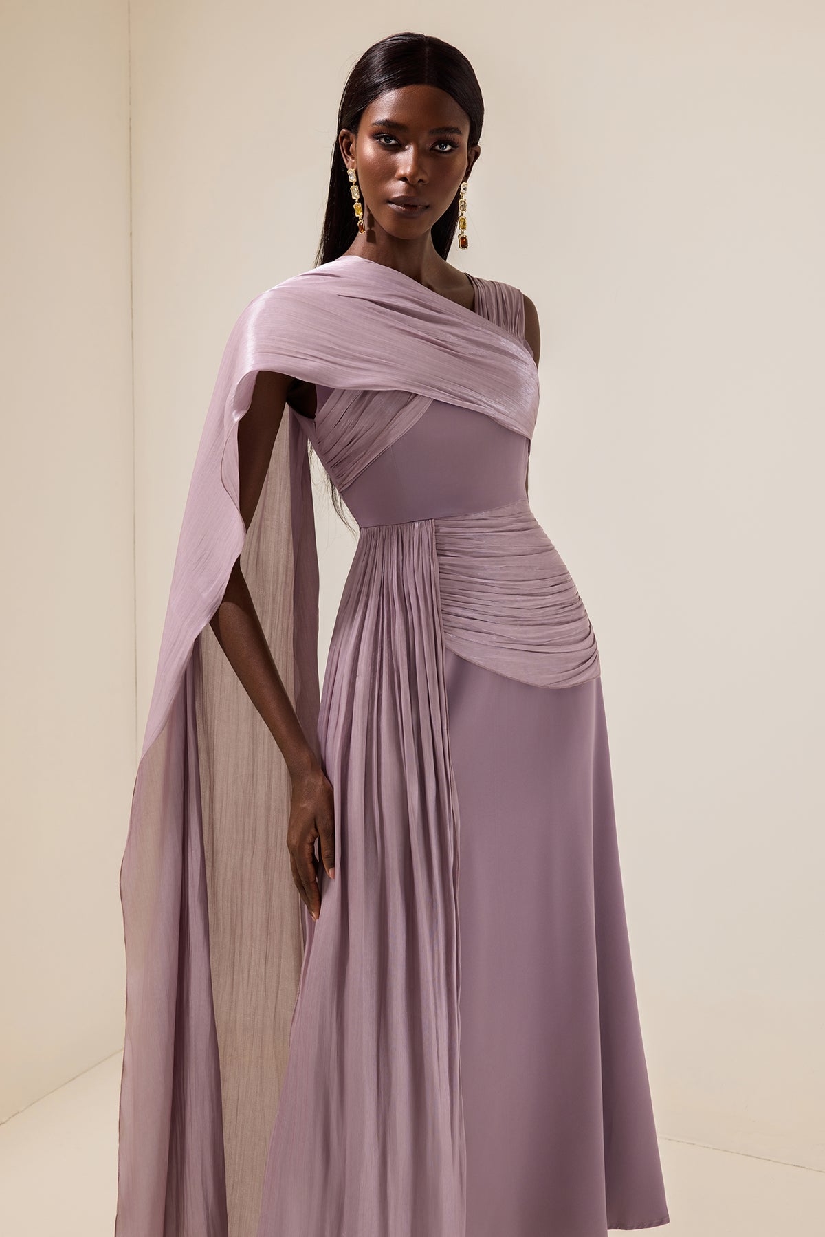 Satin Gathering Cape Sleeve Midi Dress