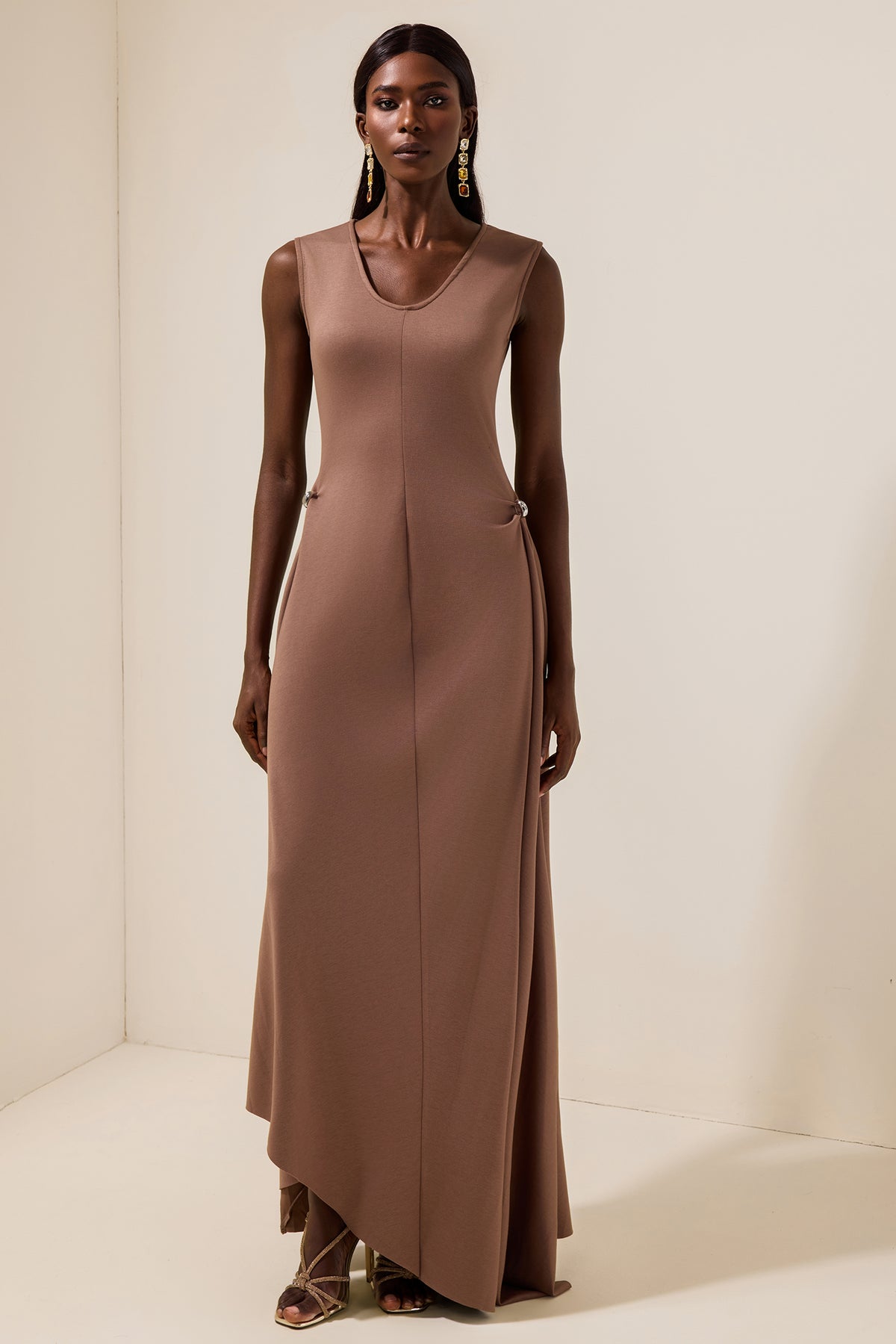 Jersey Round Neck Metal Button Maxi Dress