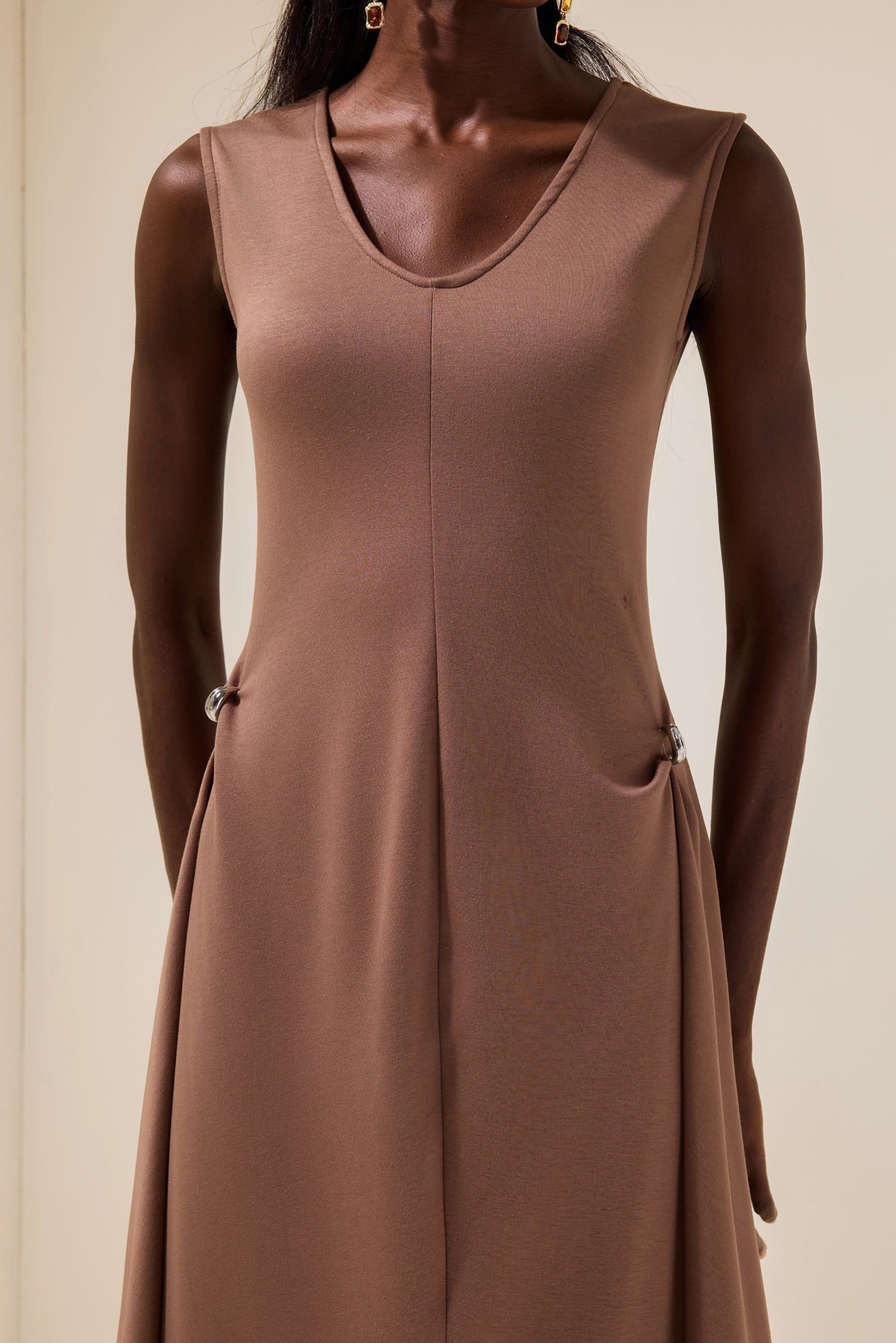 Jersey Round Neck Metal Button Maxi Dress
