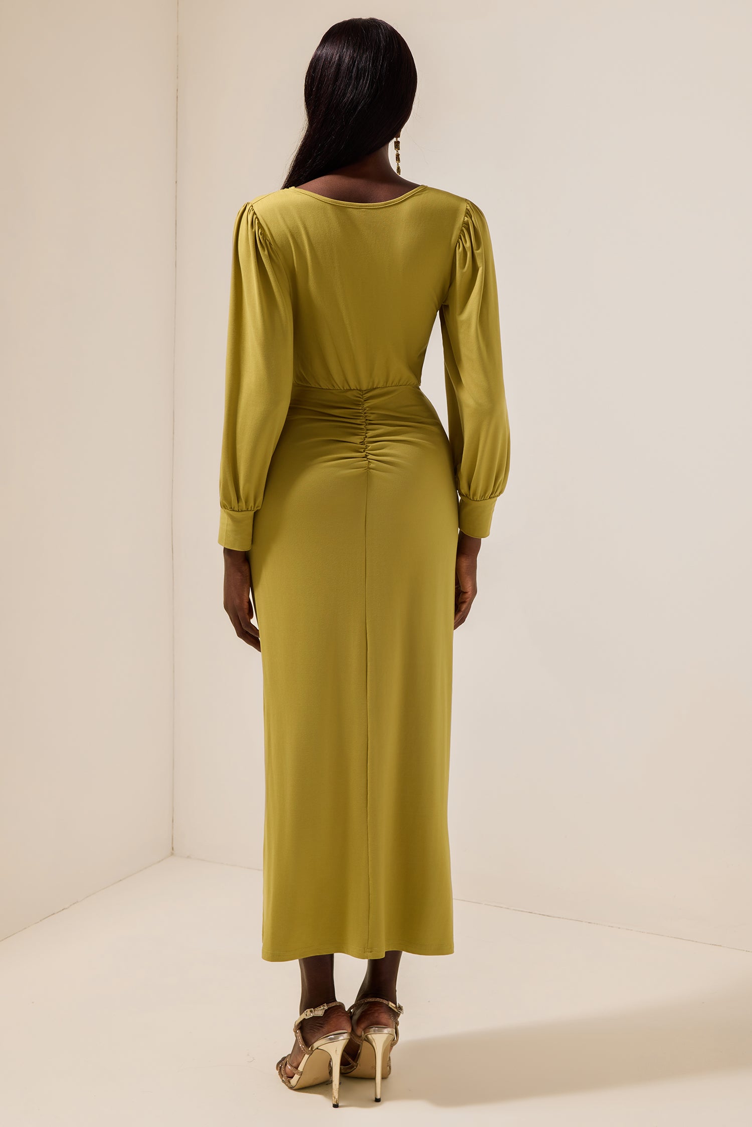 Solid Ruched V-Neck Midi Dress