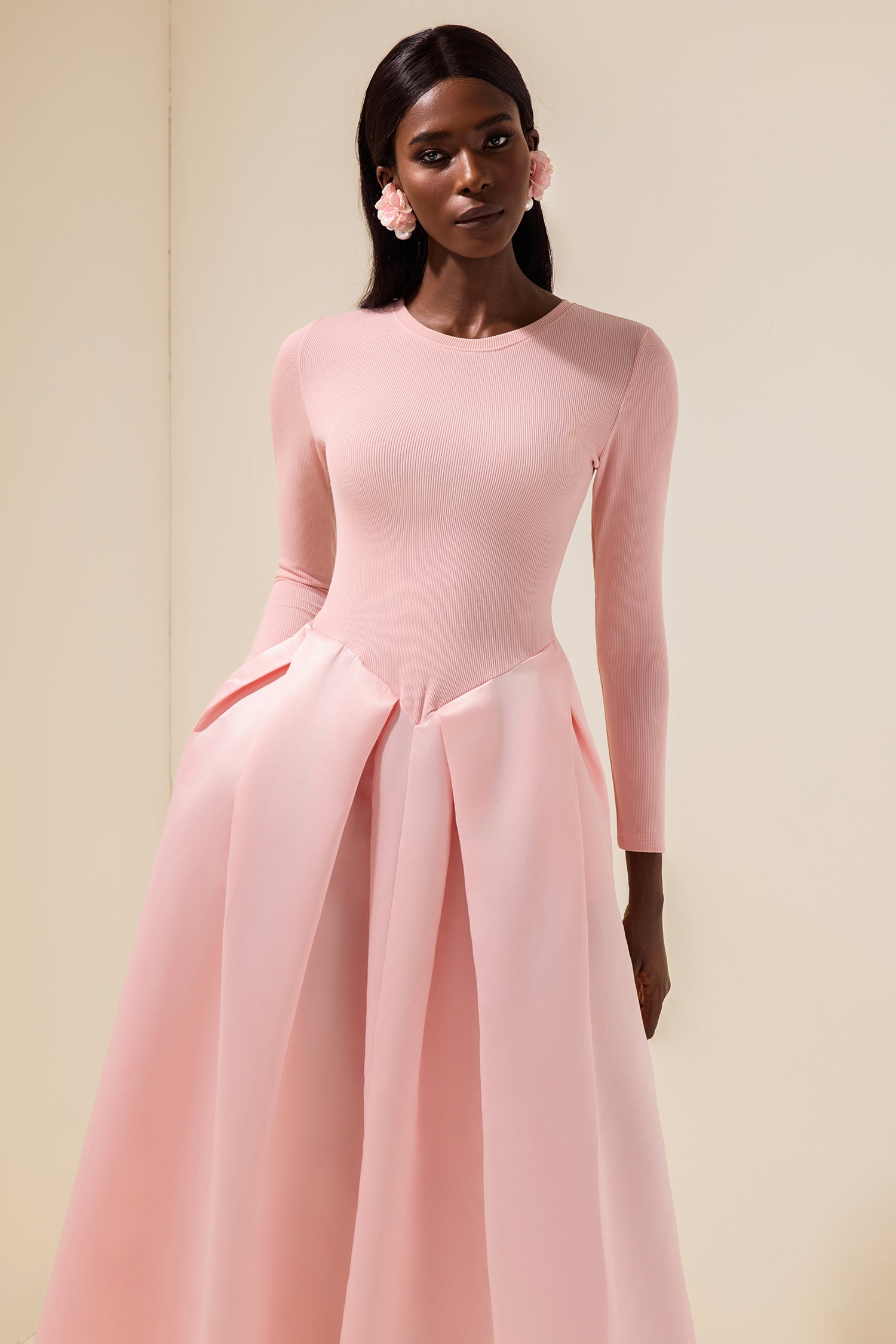 Jersey Splicing Satin Long Sleeve Midi Dress