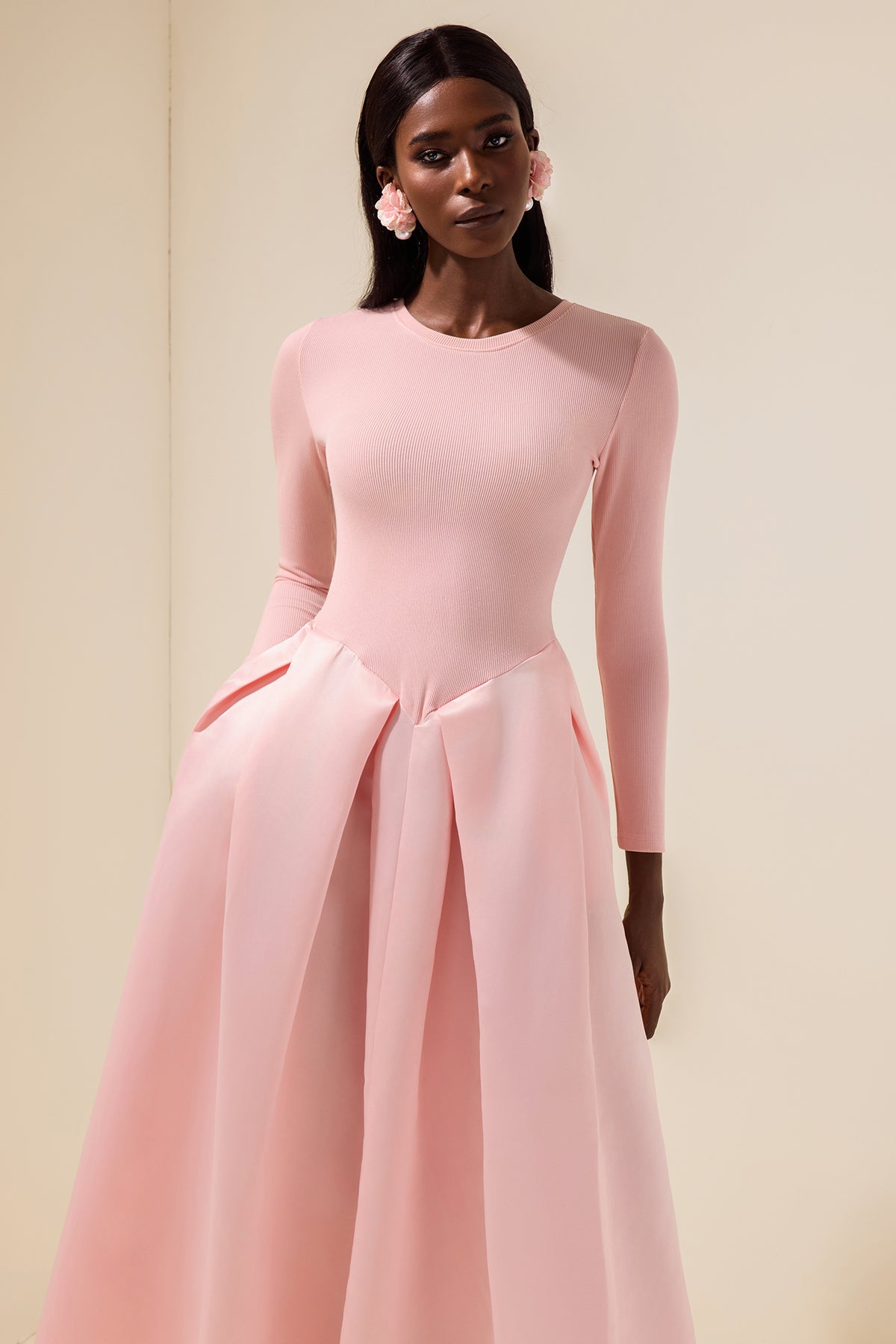 Jersey Splicing Satin Long Sleeve Midi Dress