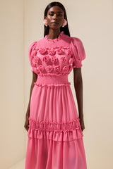 Chiffon 3D Flower Smocking Frill Midi Dress