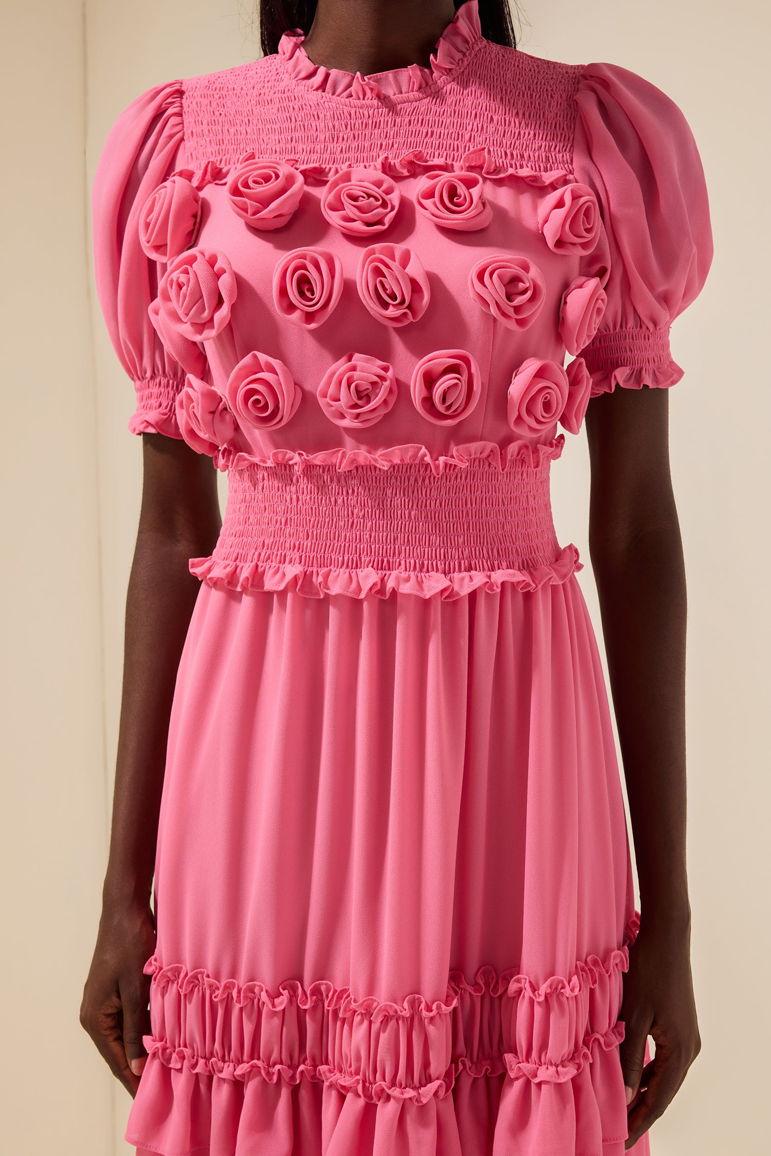 Chiffon 3D Flower Smocking Frill Midi Dress
