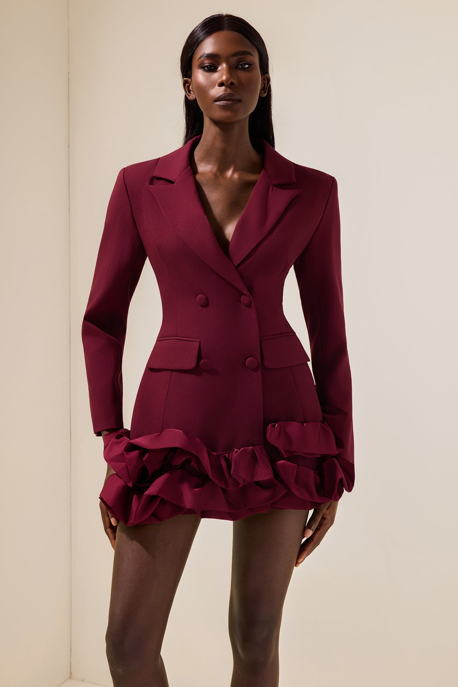 Solid Double-Breasted Frill Mini Dress