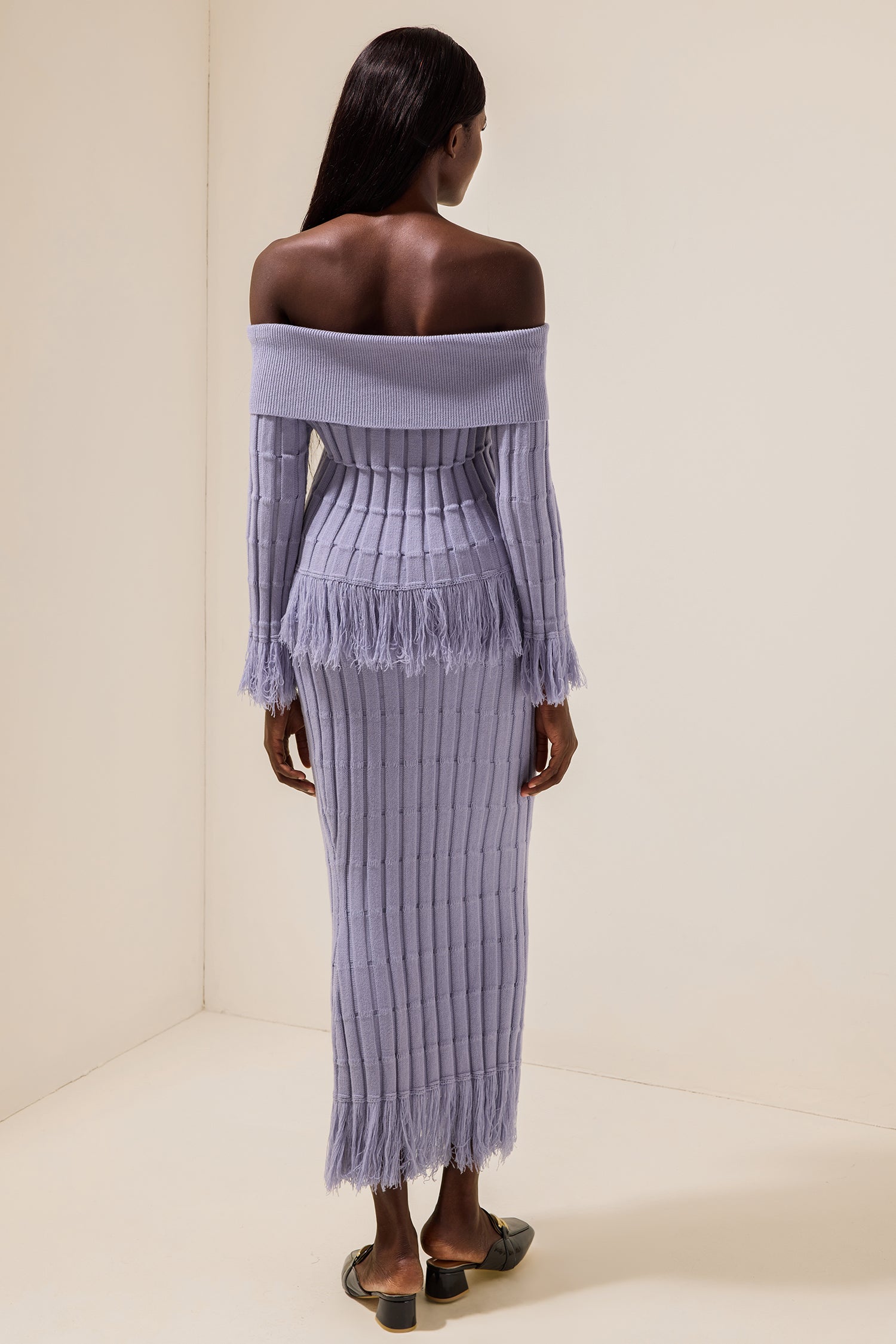 Jersey Off-Shoulder Long Sleeve Top & Tassel High Waist Midi Skirt Set
