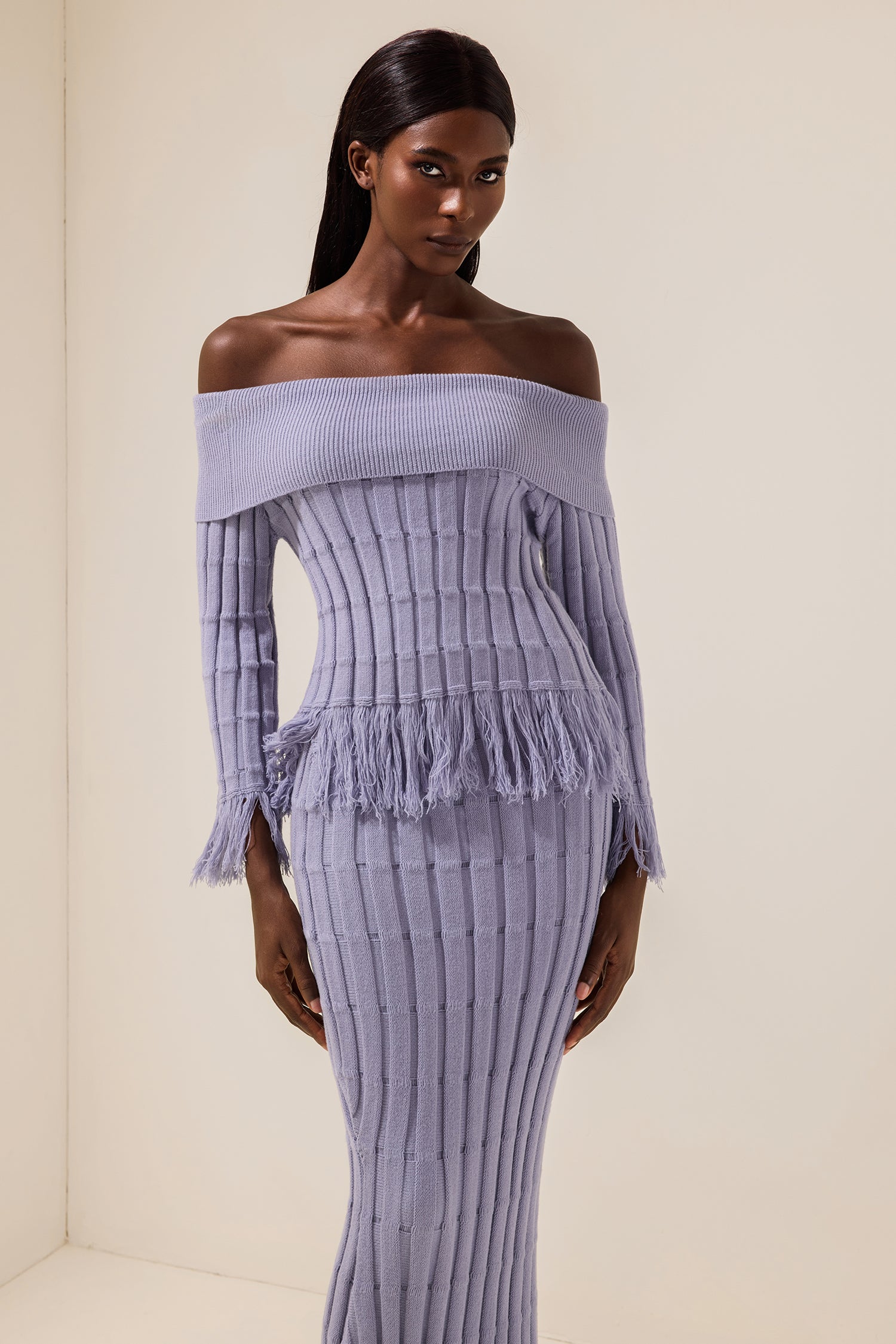Jersey Off-Shoulder Long Sleeve Top & Tassel High Waist Midi Skirt Set