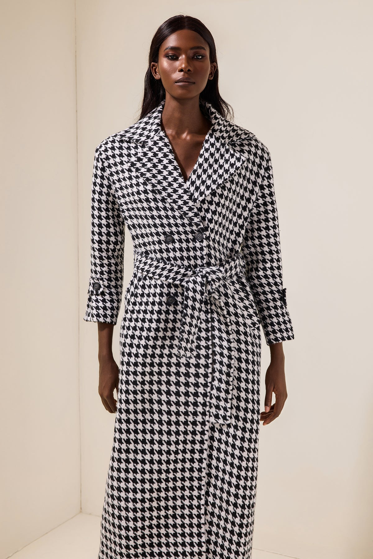 Houndstooth Long Sleeve Pocket Maxi Coat