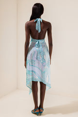 Satin Halter Neck Mini Top & Scarf Print Mid Waist Midi Skirt Set