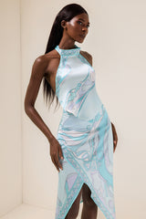 Satin Halter Neck Mini Top & Scarf Print Mid Waist Midi Skirt Set