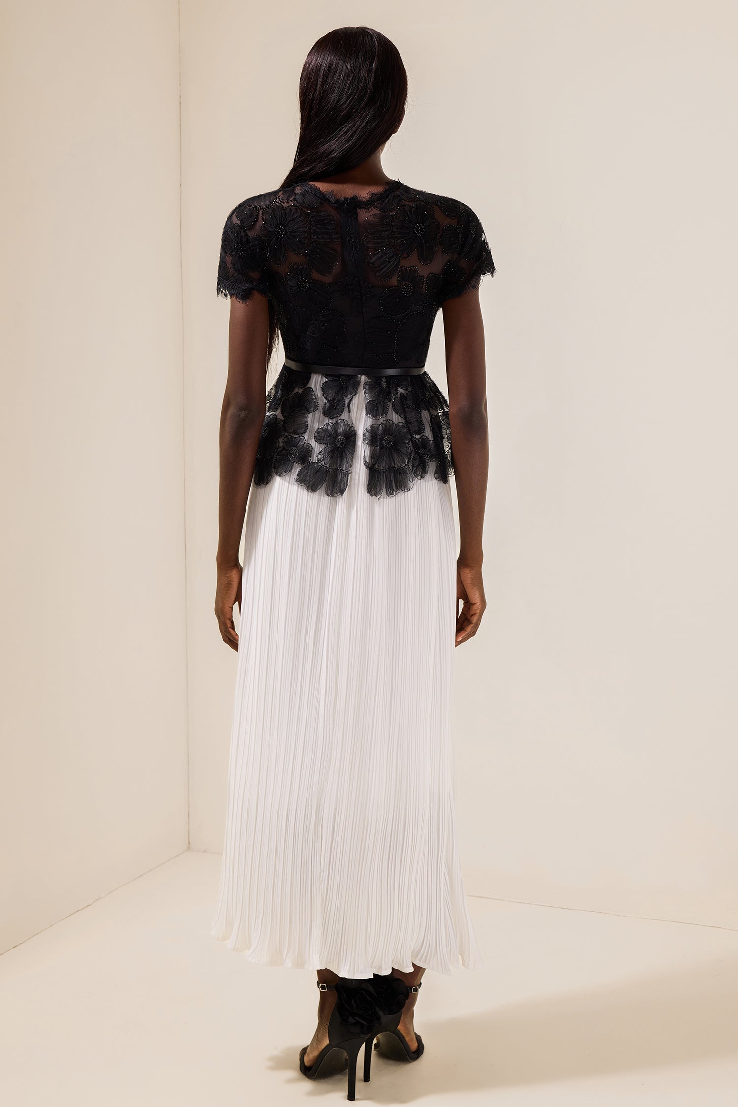 Lace Splicing Pleated Midi Dress With Belt