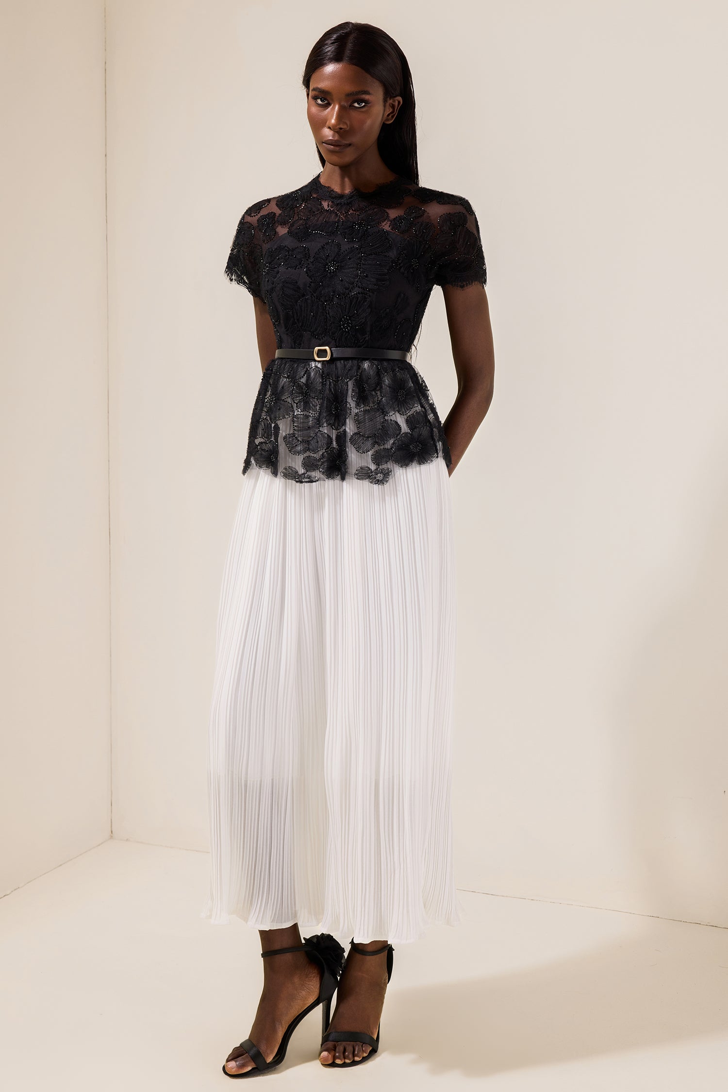 Lace Splicing Pleated Midi Dress With Belt