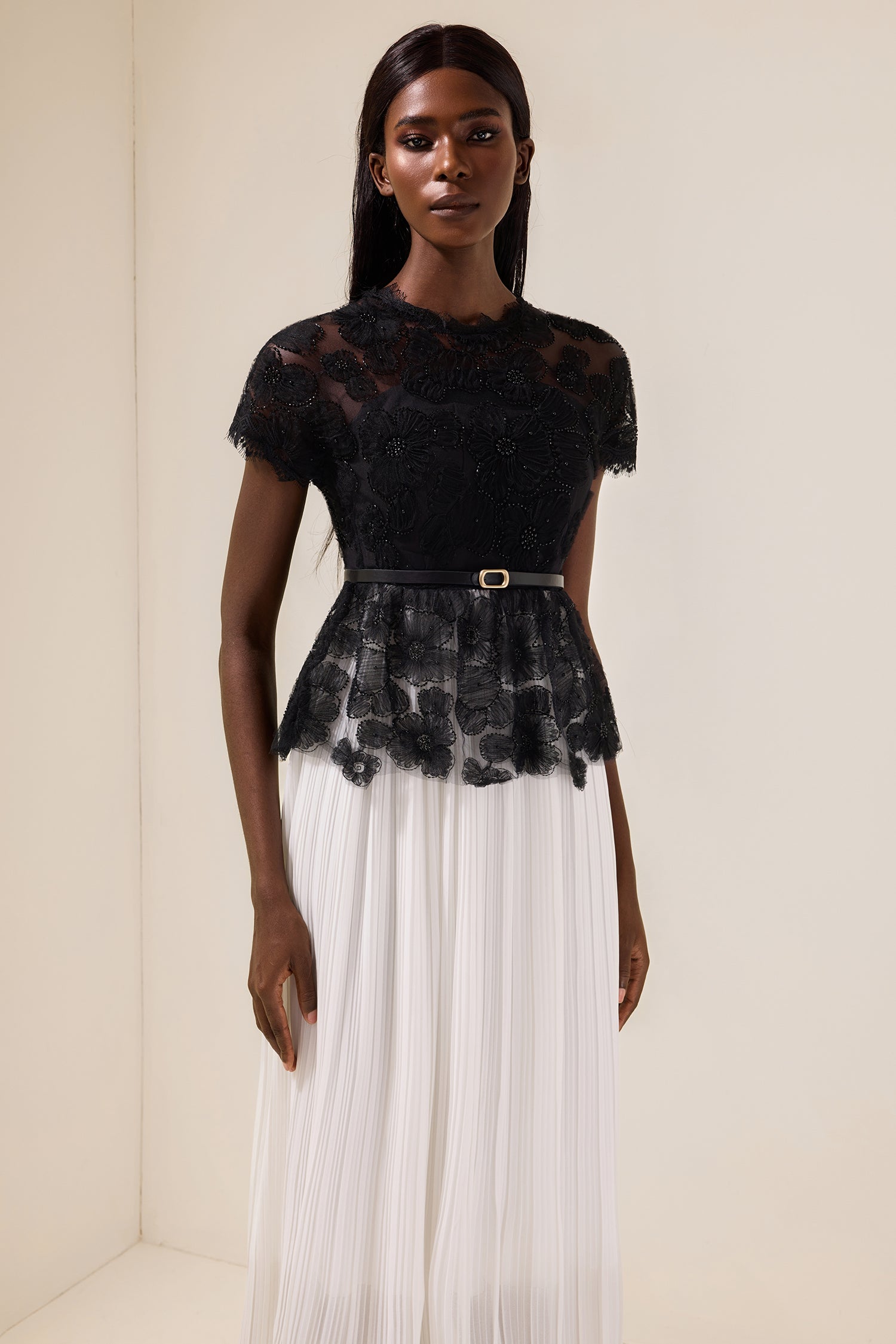 Lace Splicing Pleated Midi Dress With Belt