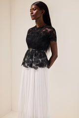 Lace Splicing Pleated Midi Dress With Belt