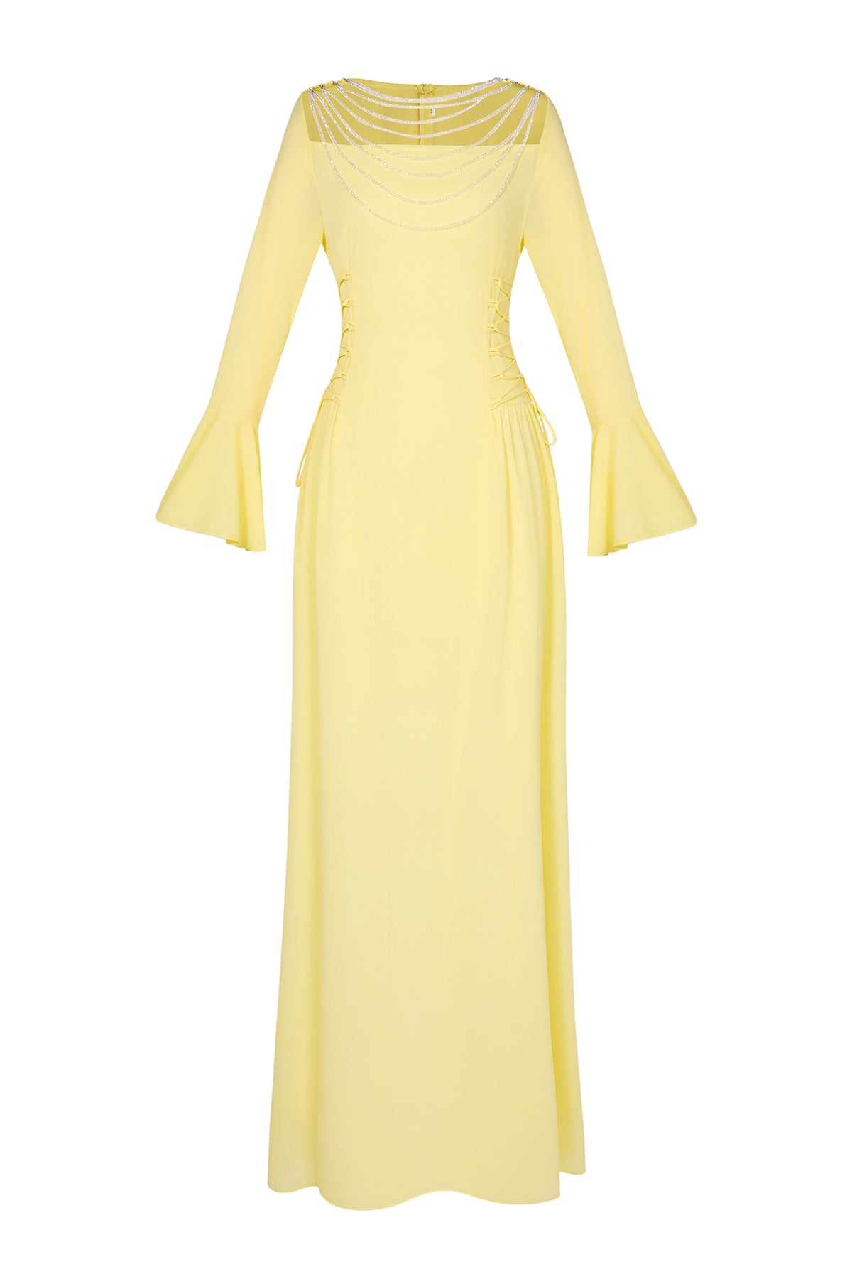 Chiffon Beaded Tie-up Frill Maxi Dress