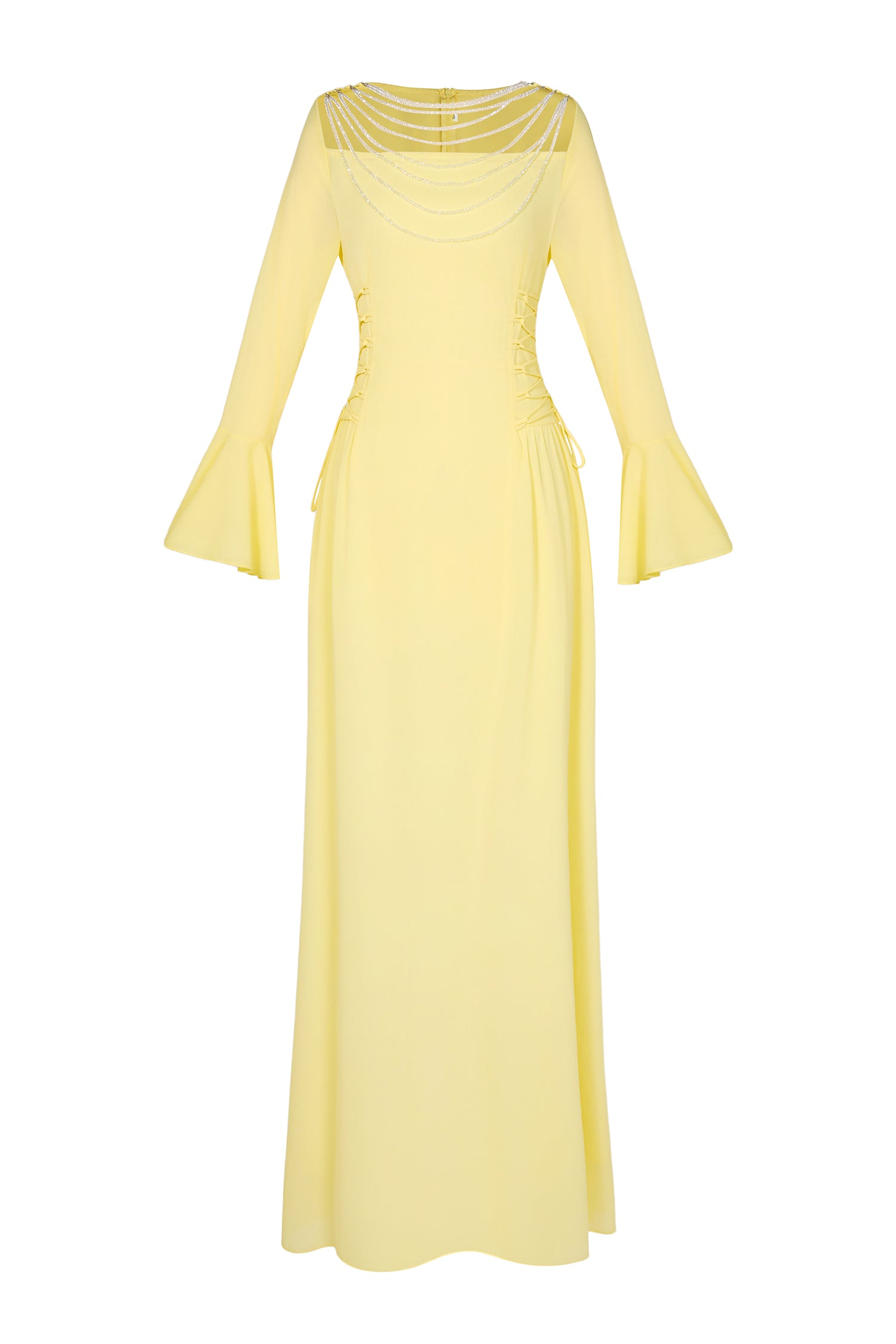 Chiffon Beaded Tie-up Frill Maxi Dress