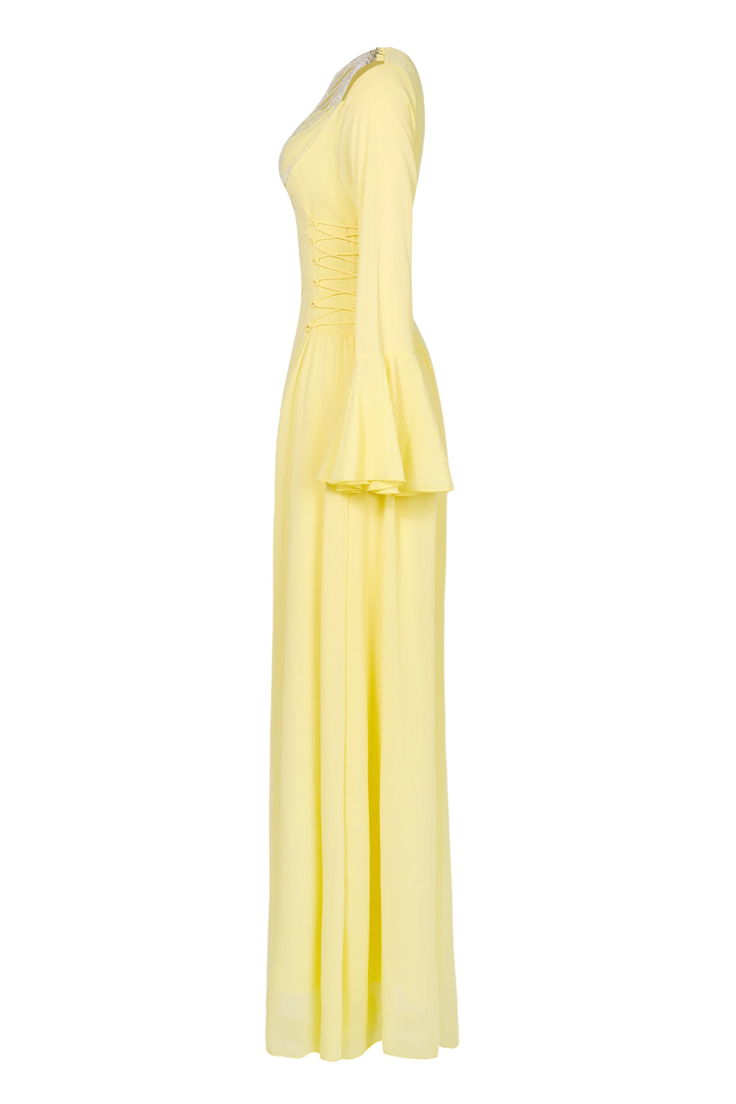 Chiffon Beaded Tie-up Frill Maxi Dress