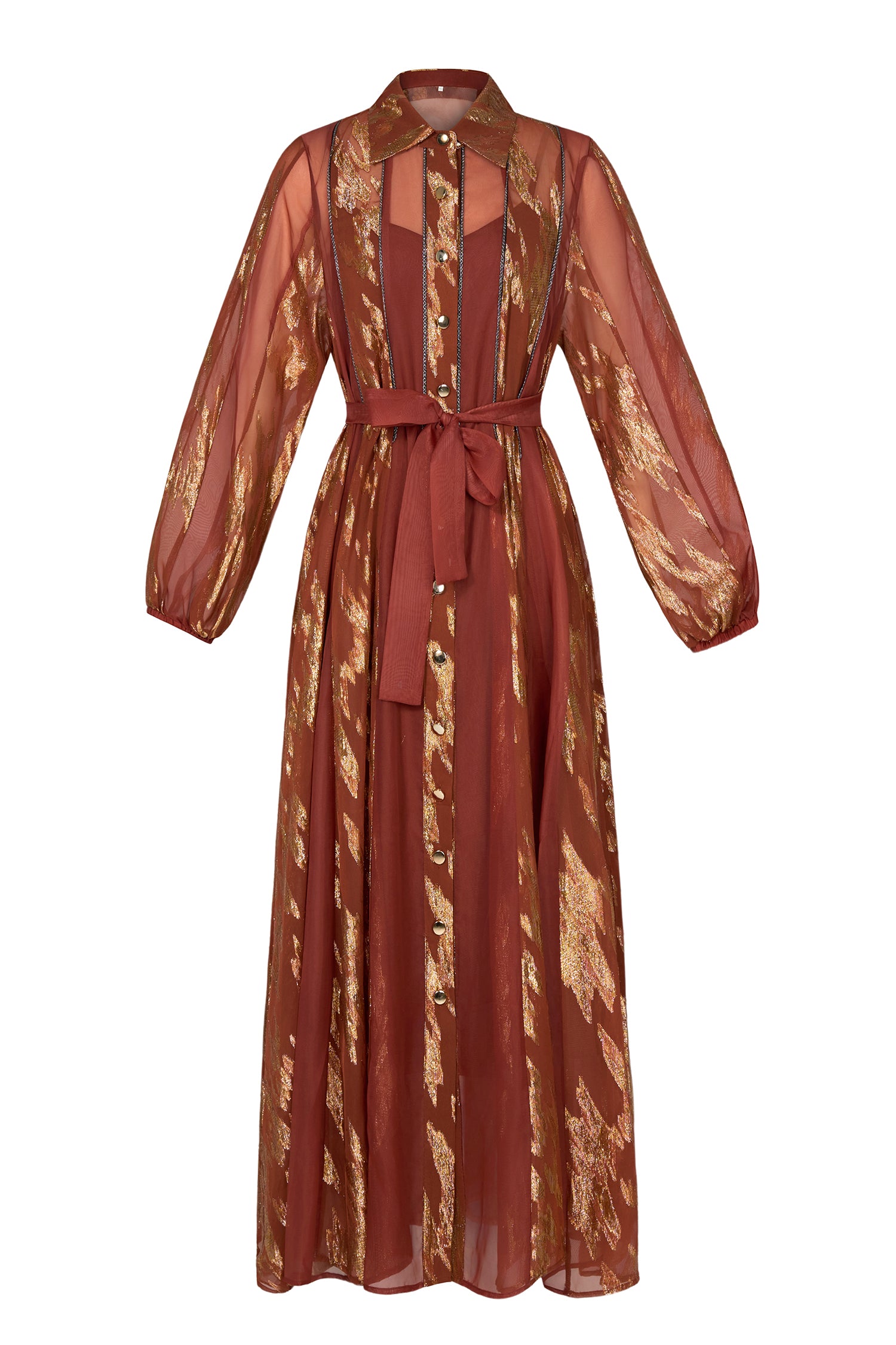 Chiffon Gold Foil Stamping Metal Single Breasted Midi Dress With Belt