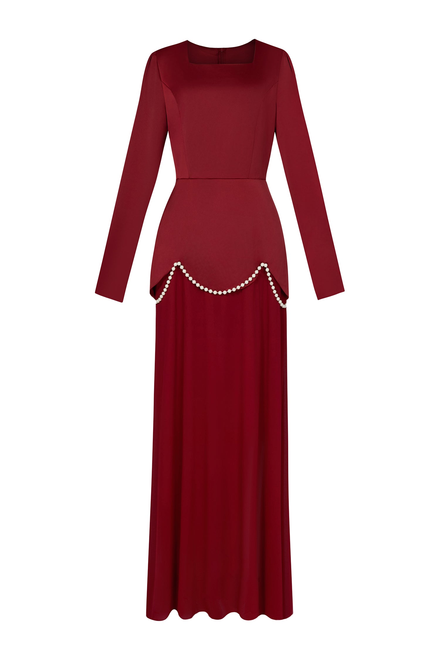 Faux Pearl Square Collar Long Sleeve Maxi Dress