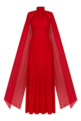 Chiffon Pleated Cape Sleeve Maxi Dress