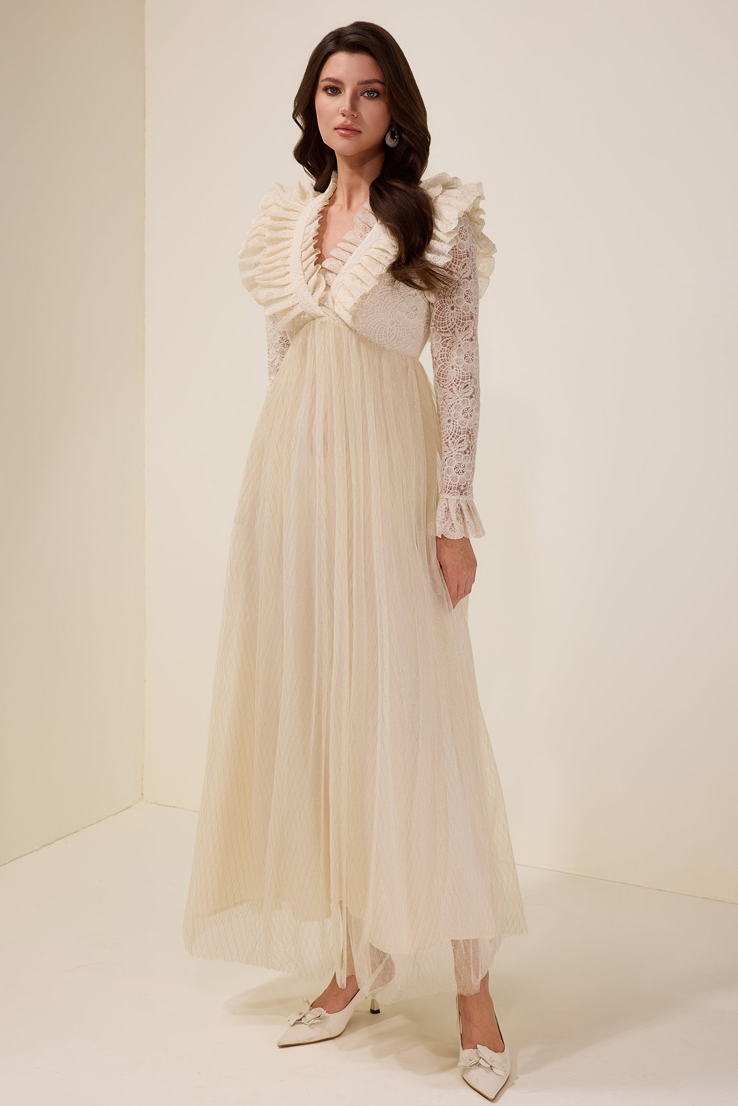Lace Ruffle V-Neck Maxi Dress