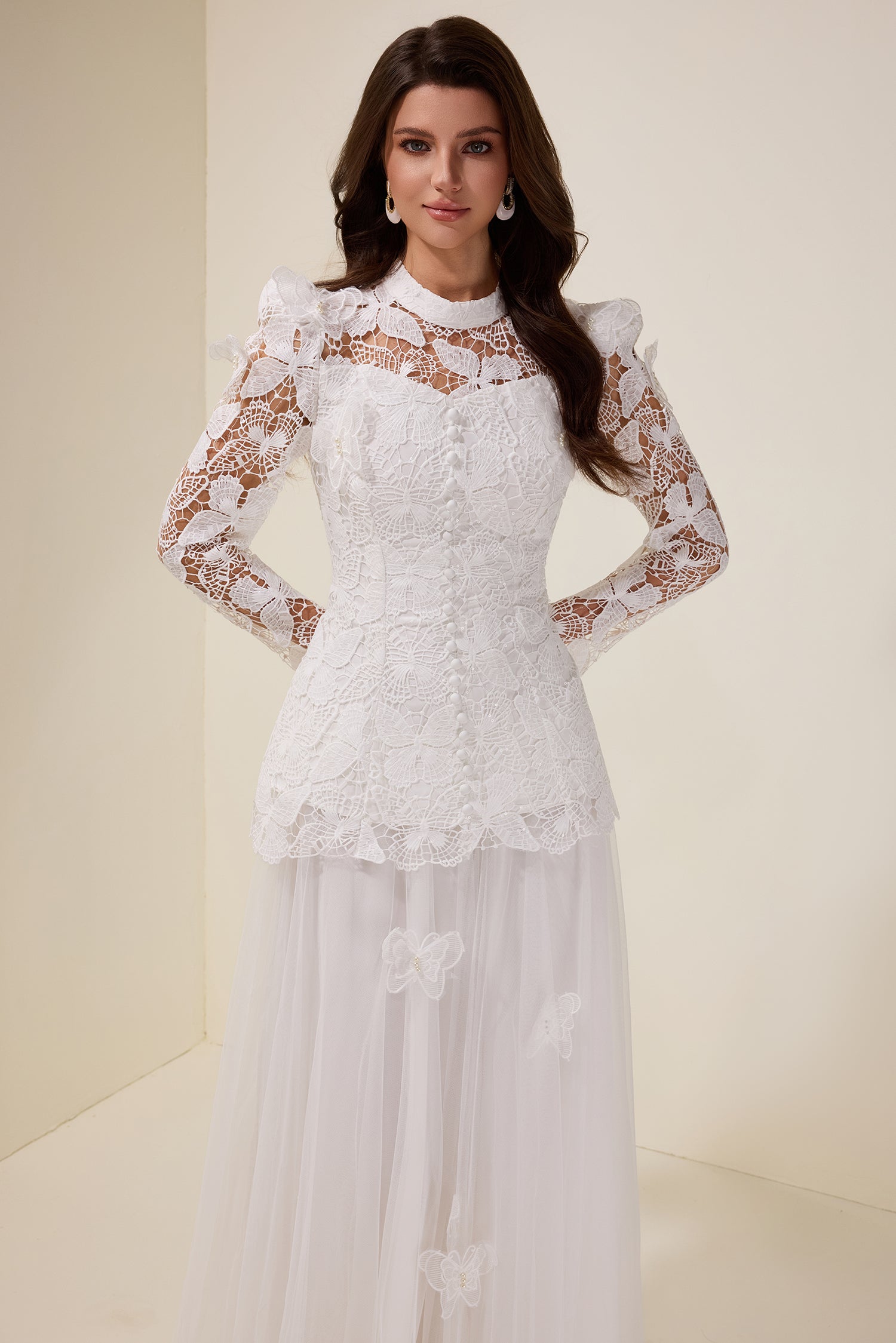 Embroidery Solid Top & Mesh Midi Skirt Set