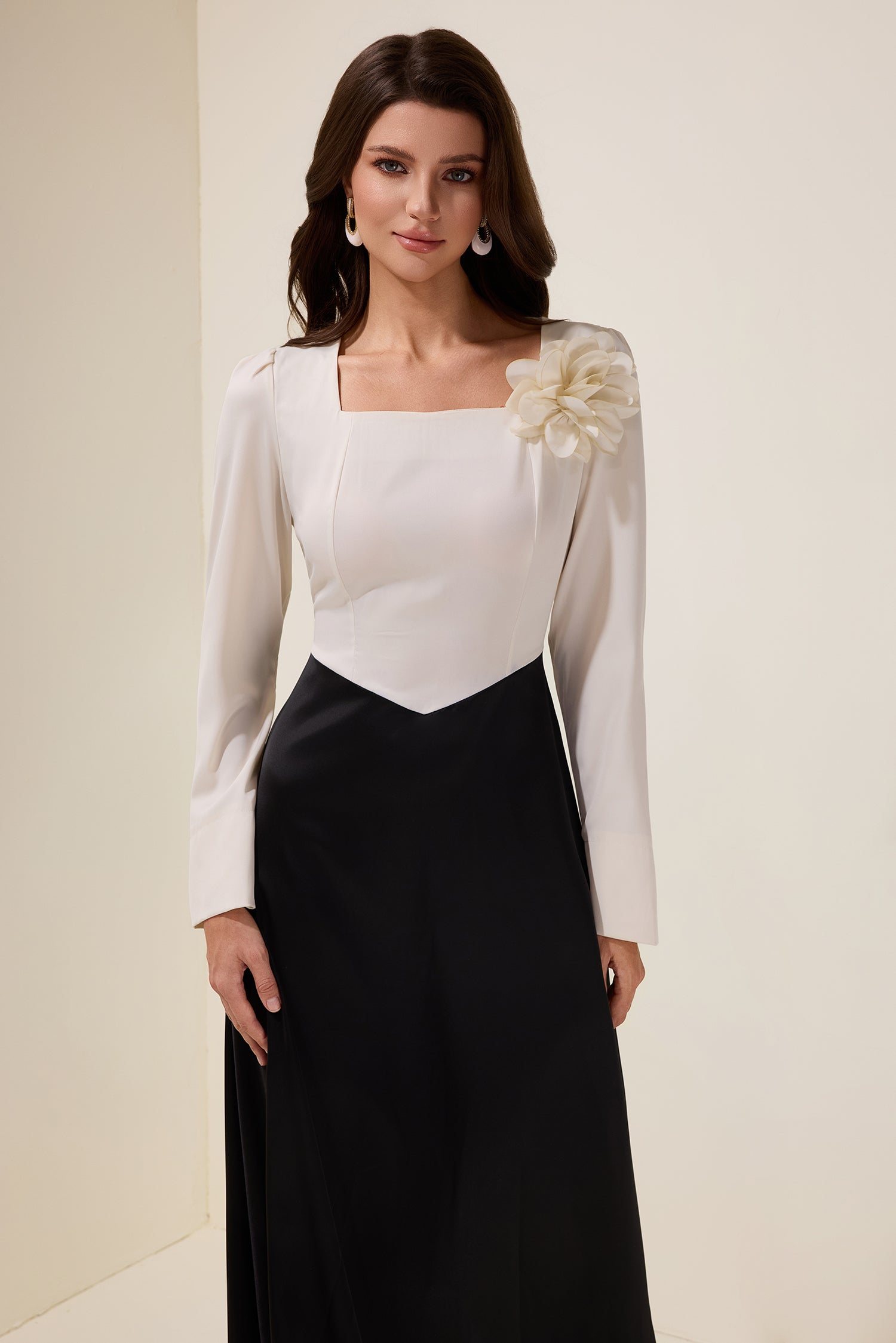3D Flower Satin Contrast Color Midi Dress