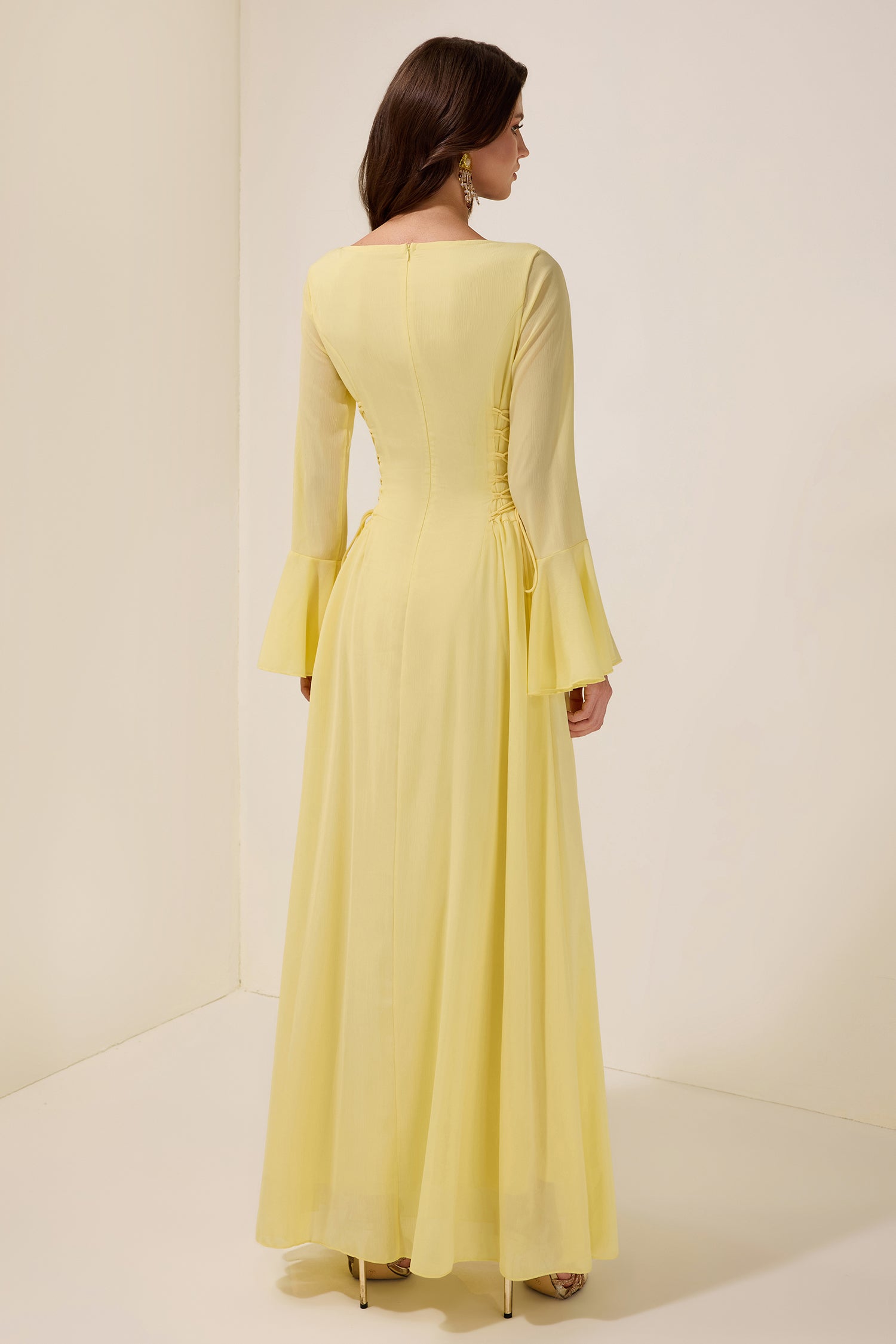 Chiffon Beaded Tie-up Frill Maxi Dress
