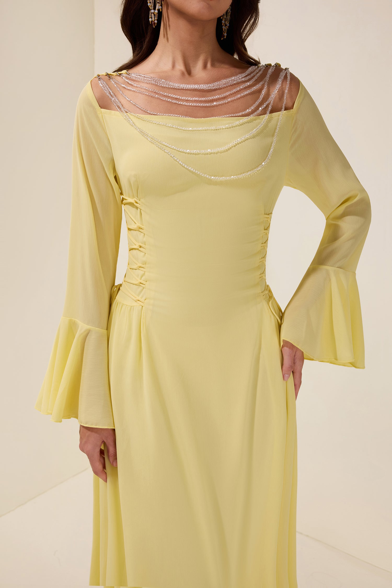 Chiffon Beaded Tie-up Frill Maxi Dress