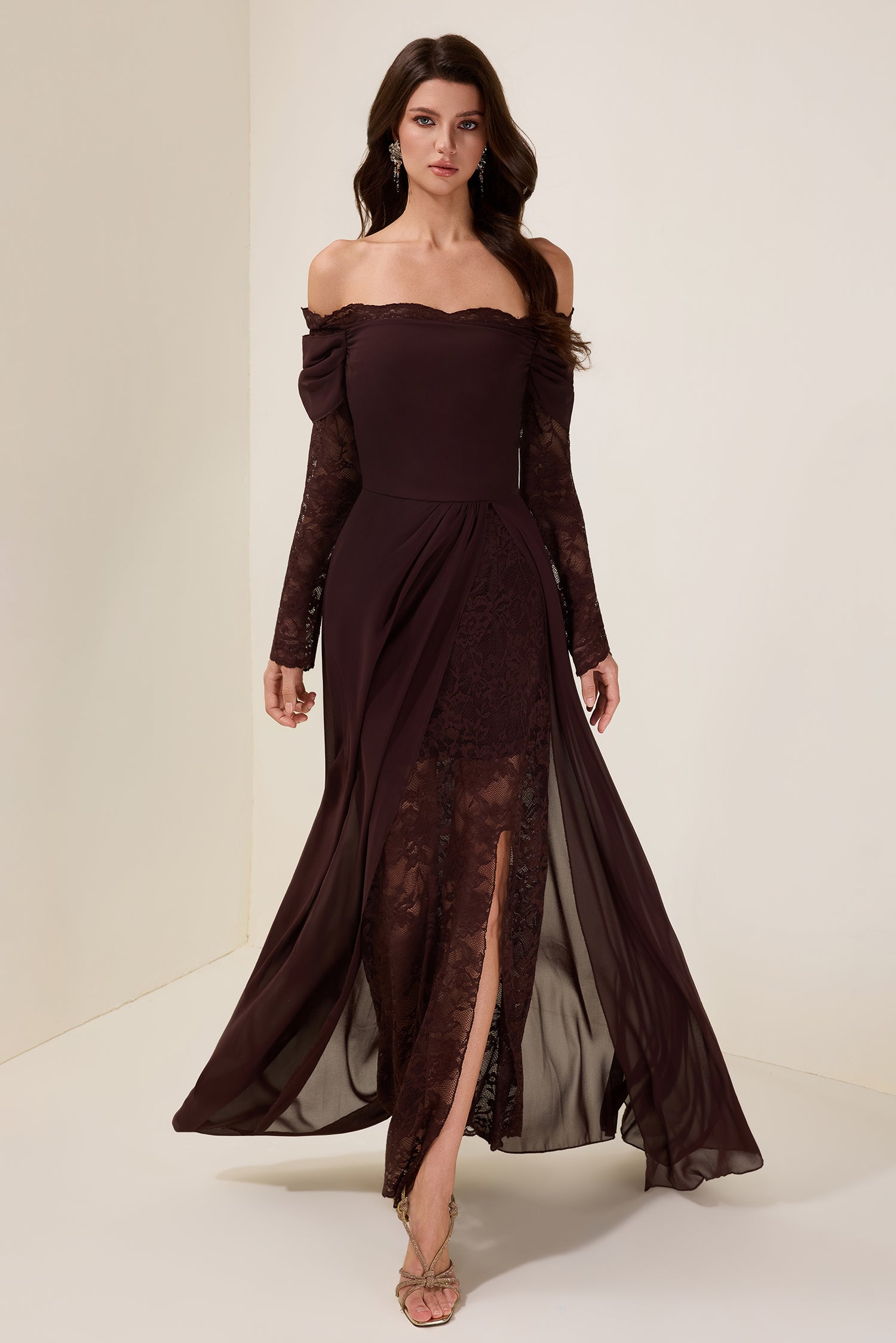 Lace Splicing Chiffon Off Shoulder Maxi Dress