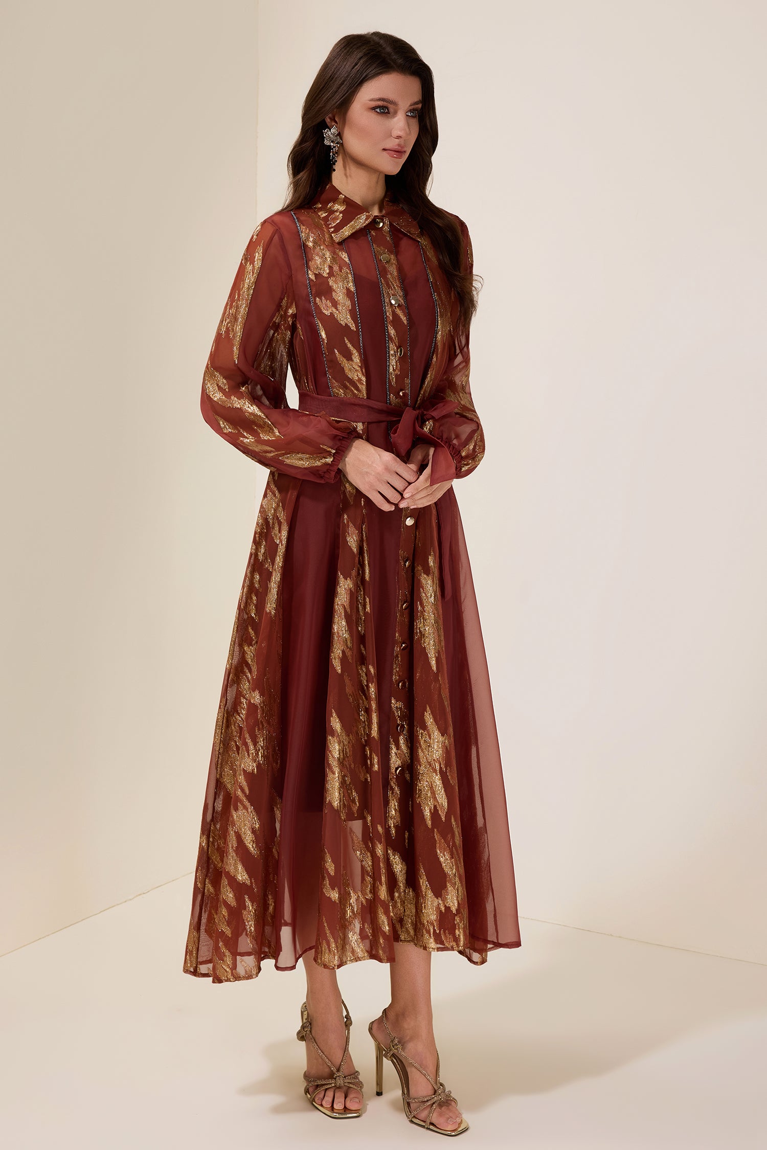 Chiffon Gold Foil Stamping Metal Single Breasted Midi Dress With Belt