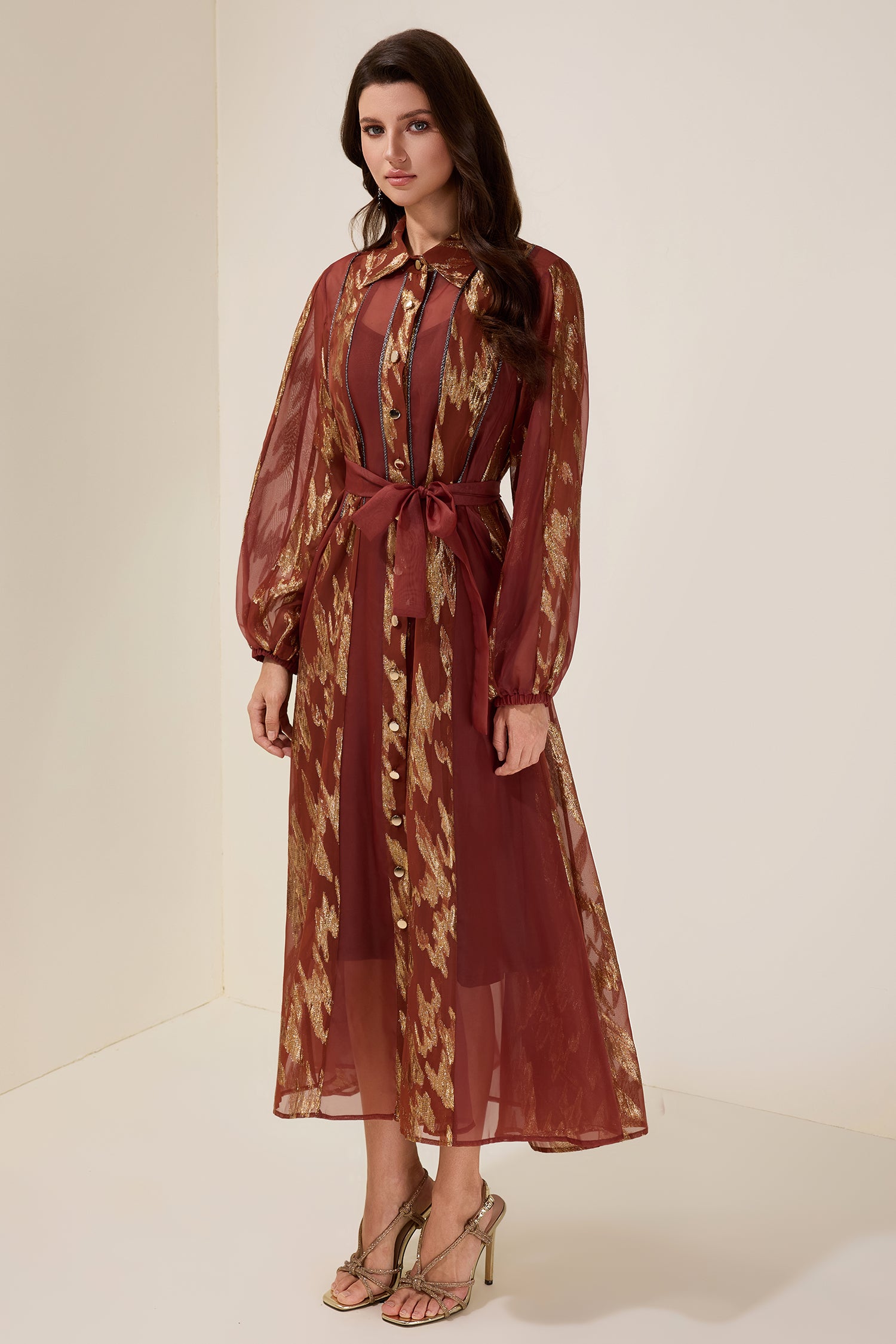Chiffon Gold Foil Stamping Metal Single Breasted Midi Dress With Belt