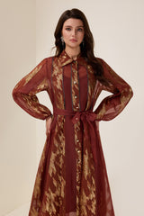 Chiffon Gold Foil Stamping Metal Single Breasted Midi Dress With Belt