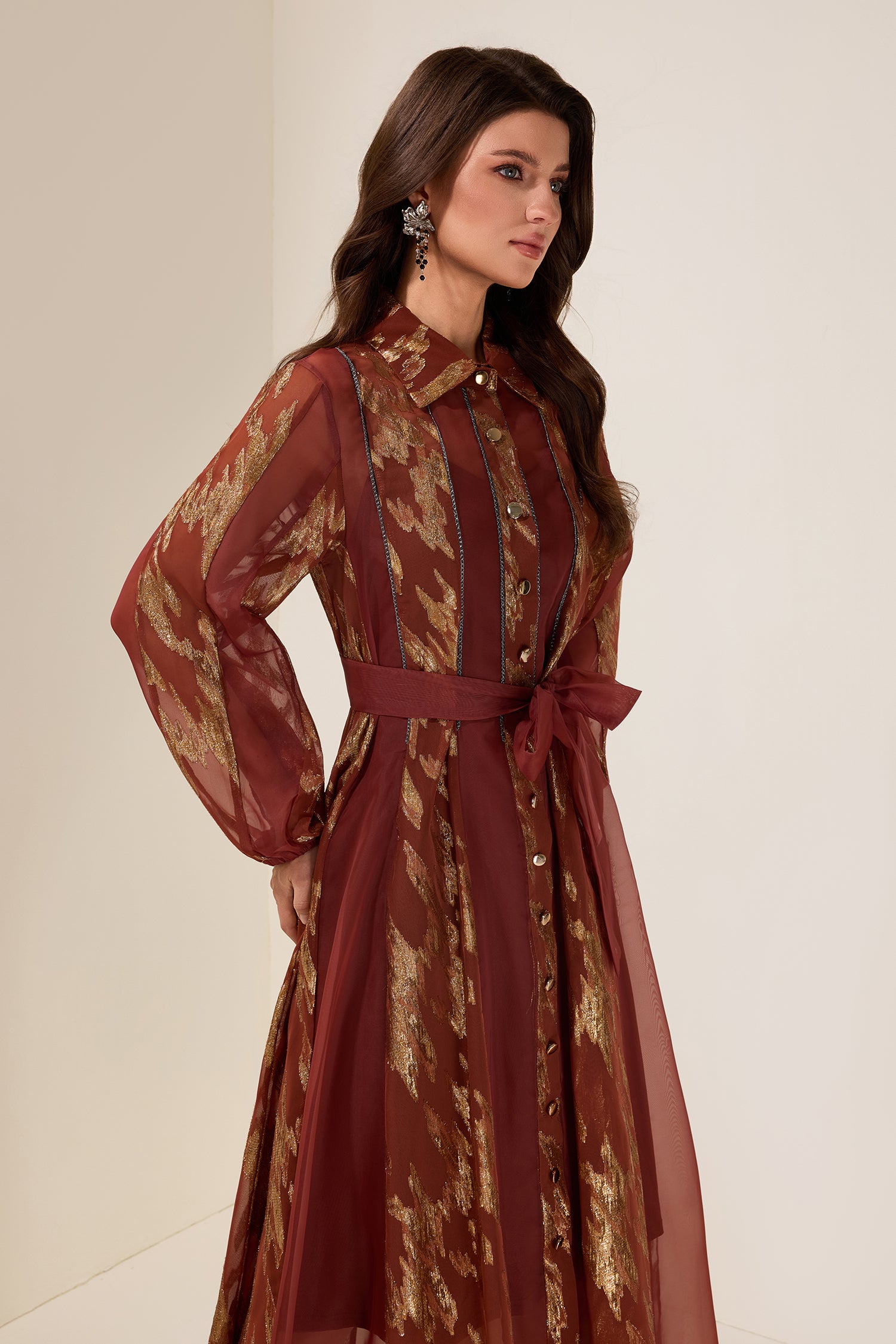 Chiffon Gold Foil Stamping Metal Single Breasted Midi Dress With Belt