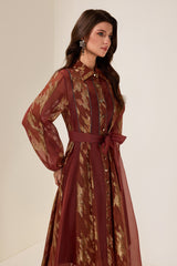 Chiffon Gold Foil Stamping Metal Single Breasted Midi Dress With Belt