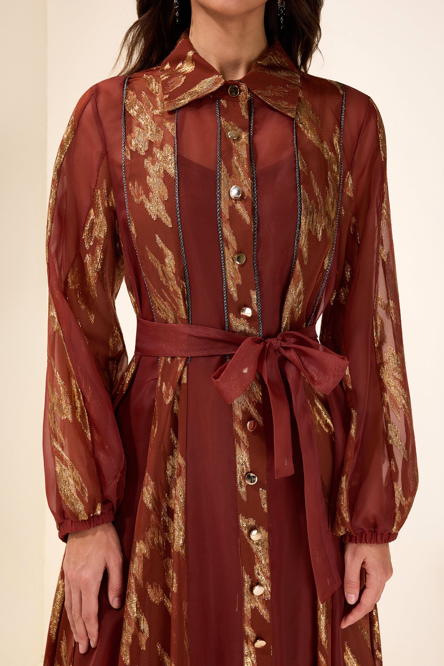 Chiffon Gold Foil Stamping Metal Single Breasted Midi Dress With Belt
