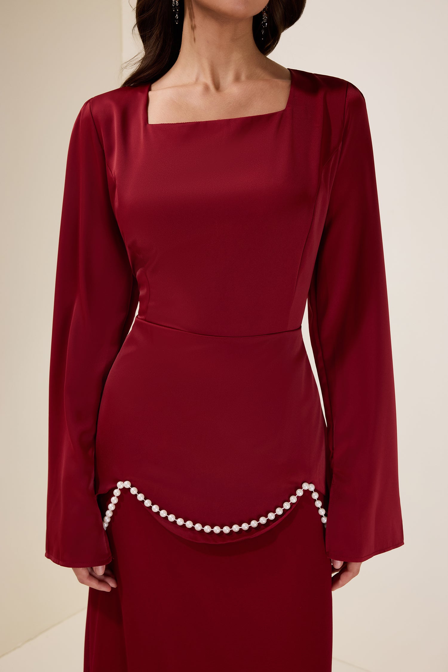 Faux Pearl Square Collar Long Sleeve Maxi Dress