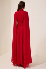 Chiffon Pleated Cape Sleeve Maxi Dress